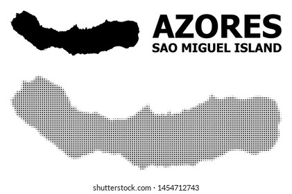 Halftone and solid map of Sao Miguel Island composition illustration. Vector map of Sao Miguel Island composition of x-cross items on a white background.