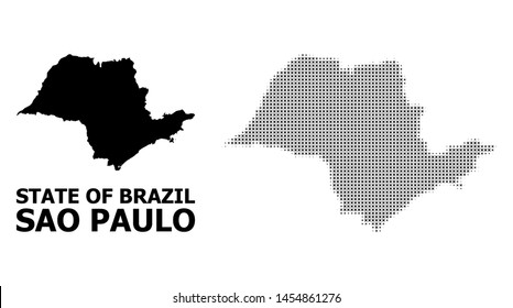 Halftone and solid map of Sao Paulo State composition illustration. Vector map of Sao Paulo State composition of x-cross spots on a white background.