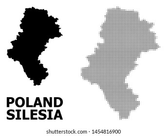 Halftone and solid map of Silesia Province composition illustration. Vector map of Silesia Province composition of x-cross elements on a white background.