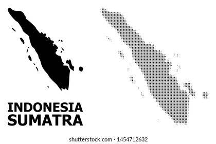 Halftone and solid map of Sumatra Island composition illustration. Vector map of Sumatra Island composition of x-cross items on a white background.