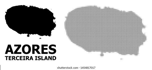Halftone and solid map of Terceira Island composition illustration. Vector map of Terceira Island composition of x-cross elements on a white background.