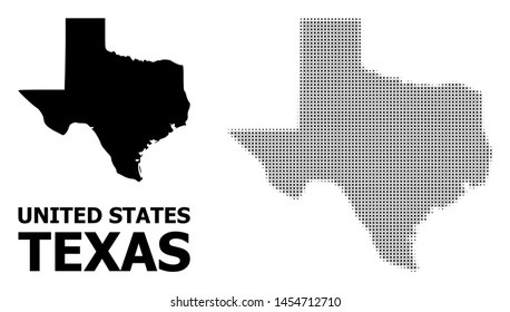 Halftone and solid map of Texas State composition illustration. Vector map of Texas State composition of x-cross spots on a white background. Abstract flat geographic scheme for education templates.