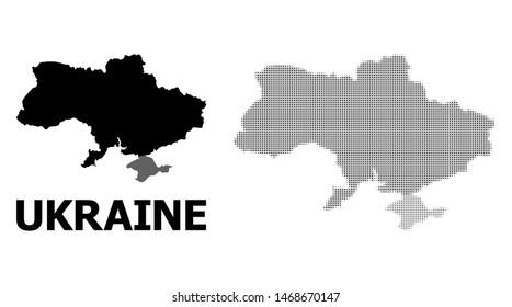 Halftone and solid map of Ukraine composition illustration. Vector map of Ukraine composition of x-cross elements on a white background. Abstract flat territorial scheme for political purposes.