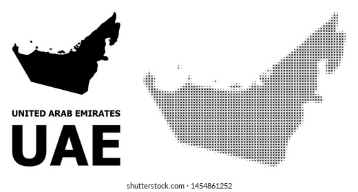 Halftone and solid map of United Arab Emirates mosaic illustration. Vector map of United Arab Emirates combination of x-cross elements on a white background.