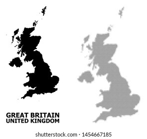 Halftone and solid map of United Kingdom composition illustration. Vector map of United Kingdom composition of x-cross spots on a white background.