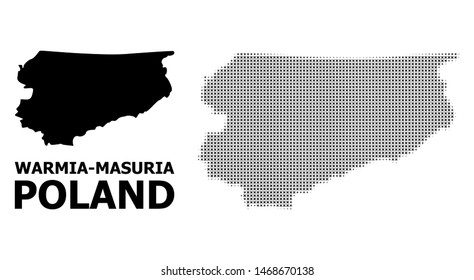 Halftone and solid map of Warmia-Masuria Province collage illustration. Vector map of Warmia-Masuria Province composition of x-cross spots on a white background.