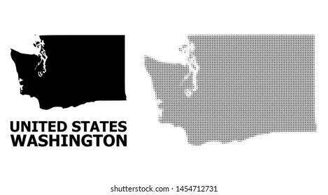 Halftone and solid map of Washington State composition illustration. Vector map of Washington State composition of x-cross items on a white background.