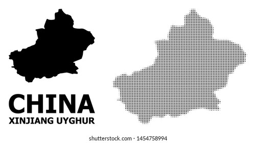 Halftone and solid map of Xinjiang Uyghur Region composition illustration. Vector map of Xinjiang Uyghur Region composition of x-cross items on a white background.