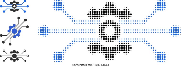 Halftone solution cog. Dotted solution cog generated with small circle dots. Vector illustration of solution cog icon on a white background. Halftone array contains circle points.