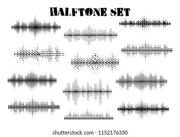 Halftone sound wave black and white patterns set. Tech music design elements isolated on white background. Perfect for web design, posters, musical banners, wallpapers, postcards.