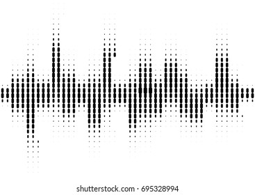 Halftone sound wave black and white pattern. Tech music design elements isolated on white background. Perfect for web design, posters, musical banners, wallpapers, postcards.