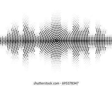 Halftone sound wave black and white pattern. Tech music design elements isolated on white background. Perfect for web design, posters, musical banners, wallpapers, postcards.