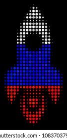 Halftone Space Rocket pictogram colored in Russian state flag colors on a dark background. Vector mosaic of space rocket icon constructed of round elements.