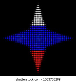 Halftone Space Star pictogram colored in Russia state flag colors on a dark background. Vector pattern of space star icon done with circle pixels.