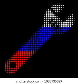 Halftone Spanner icon colored in Russian state flag colors on a dark background. Vector pattern of spanner icon organized of spheric elements. Designed for political and Russian patriotic purposes.