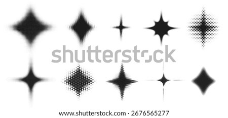Halftone spark shapes. Abstract starburst and glowing sparkle effect, dotted gradient light flash, retro comic halftone explosion and shining sparkle star dotwork icons vector set.
