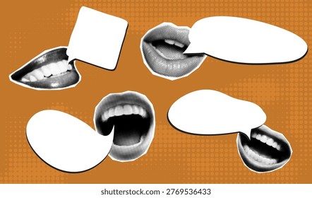 Halftone speech retro for lips bubble vintage and visual newspaper cutout. Graphic element energetic for dialog scream discussion and effect design open. Halftone shape poster for lips sticker.