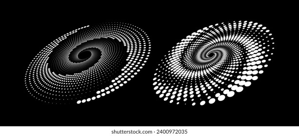 Halftone speed spiral set. White dynamic dotted lines in perspective. Radial dot swirl elements for logo, print, poster, template, icon, banner. Round technology illustration. Vector pair