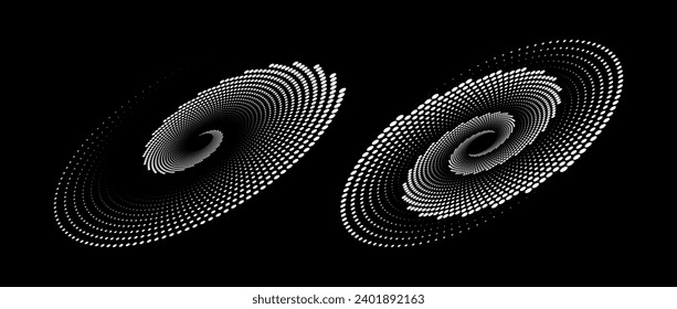 Halftone speed spiral set. White spinning dotted lines in perspective. Radial dot swirl elements for logo, print, poster, template, icon, banner. Round technology illustration. Vector pair