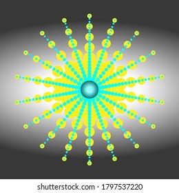 Esfera semitónica de puntos. Puntos azules y amarillos de diferentes tamaños sobre un fondo blanco en un marco gradiente gris. Vector EPS10.