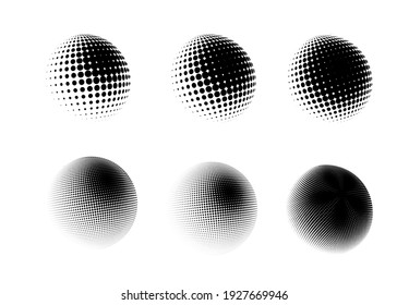 Halftone sphere dotted vector illustration. Circle halftone patterns dots logo. Globe vector illustration. Big set.