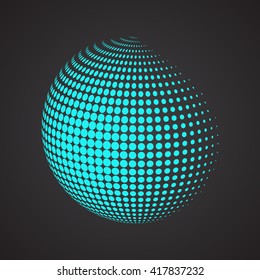 Halftone sphere. Isolated abstract earth logo on black background. Dotted globe vector illustration.
