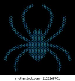 Halftone Spider collage icon of circle elements in blue shades on a black background. Vector circle bubbles are composed into spider collage.