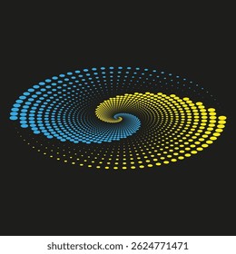 Halftone spiral art. Blue yellow contrast. Circular dot vector. Black background graphic.