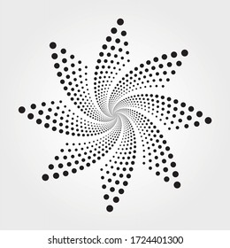 Halftone spiral background. Dots abstract concentric circle. Spiral, swirl, twirl element. Segmented circle with rotation. Design element for multipurpose use.