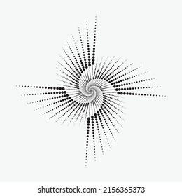 Fondo espiral de semitono. Puntos del círculo concéntrico abstracto. Espiral, giratoria, elemento twirl. Círculo segmentado con rotación. Elemento de diseño.