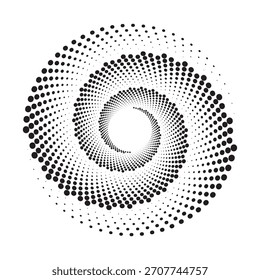 Halftone spiral design. Black dots in a swirling, concentric moove on a white background. Modern, minimalist style. Abstract design element for banner, background, comics book decoration.