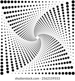 A halftone spiral design features a dynamic arrangement of halftone dots forming a swirling, spiral pattern
