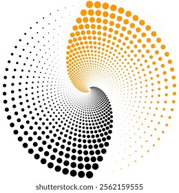 A halftone spiral design features a dynamic arrangement of halftone dots forming a swirling, spiral pattern