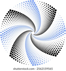A halftone spiral design features a dynamic arrangement of halftone dots forming a swirling, spiral pattern