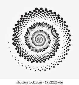 Halftone spiral dots element. Abstract monochrome backdrop. Vector art. Halftone logo design.
Black spiral halftone dotted shape. Geometric art. Vector design element for various purposes.