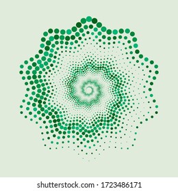  Halftone Spirale als Symbol oder Hintergrund. Abstrakter grüner Vektorrahmen mit Punkten als Logo oder Emblem.  
