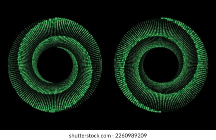 Halftone spiral as icon or background. Abstract green vector circle frame with dots as logo or emblem. Swirl border isolated on the black background for your design.