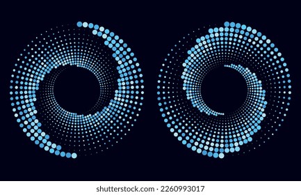 Halftone spiral as icon or background. Abstract blue vector circle frame with dots as logo or emblem. Swirl border isolated on the black background for your design.