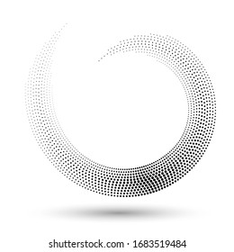 Halftone spiral as icon or background. Black abstract vector circle frame with dots as logo or emblem. Border isolated on the white background for your design.