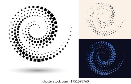 Halftone spiral as icon or background. Black abstract vector as frame with quadrangles for logo or emblem. Twirl  border isolated on the white background for your design.