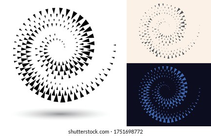 Halftone spiral as icon or background. Black abstract vector as frame with triangles for logo or emblem. Circle border isolated on the white background for your design.