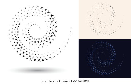 Halftone spiral as icon or background. Black abstract vector as frame with cross for logo or emblem. Circle border isolated on the white background for your design.