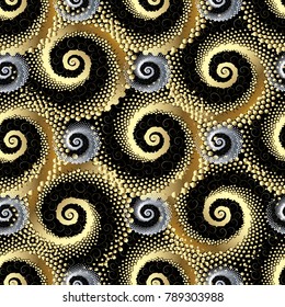 Halftone spiral radial dotted circles seamless pattern. Vector grunge 3d background. Modern abstract gold silver lace ornaments with spiral dotted lines, dots, swirls, shapes, figures. Surface texture