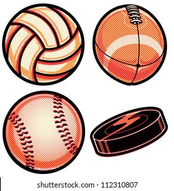 Halftone Sports Balls: Volleyball, Football, Baseball, Hockey Puck Set of vector sports balls (and puck) with halftone pattern overlay. Collection has volleyball, football, baseball and hockey puck.