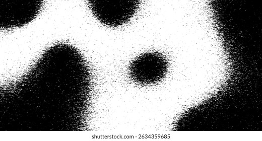 Halftone spotty black and white background. Curved or damaged gradient texture. Visualization of big data. Broken dirty screen virus. Vector illustration.