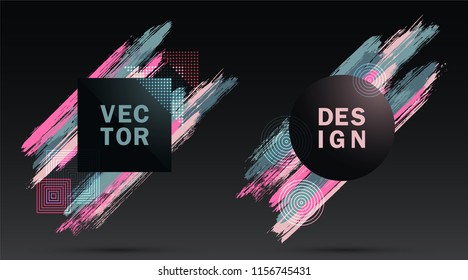 Halftone Square and Circle Frames with Paint Brush Strokes Vector Set. Party poster templates. Frames with minimal painted brushstrokes. Templates for fashionable banners, party adverts, posters.