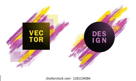 Halftone Square and Circle Frames with Paint Brush Strokes Vector Set. Party poster templates. Frames with vivid painted brushstrokes. Templates design for fashionable party adverts, posters.