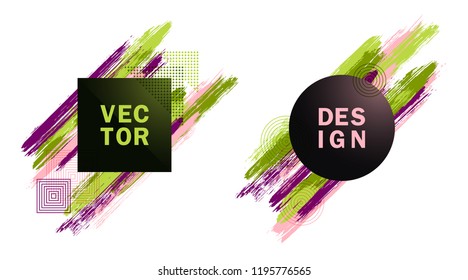 Halftone Square and Circle Frames with Paint Brush Strokes Vector Set. Party poster templates. Frames with hipster painted brushstrokes. Templates for fashionable banners, party flyers, posters.