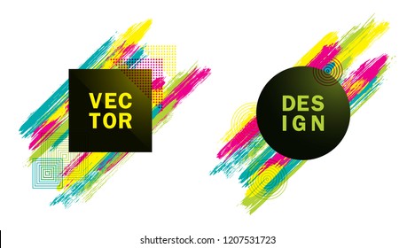 Halftone Square and Circle Frames with Paint Brush Strokes Vector Set. Party poster templates. Frames with cool painted brushstrokes. Templates for fashionable banners, party adverts, posters.