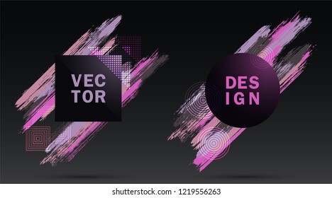 Halftone Square and Circle Frames with Paint Brush Strokes Vector Set. Party poster templates. Frames with colored painted brushstrokes. Templates design for fashionable party flyers, posters.